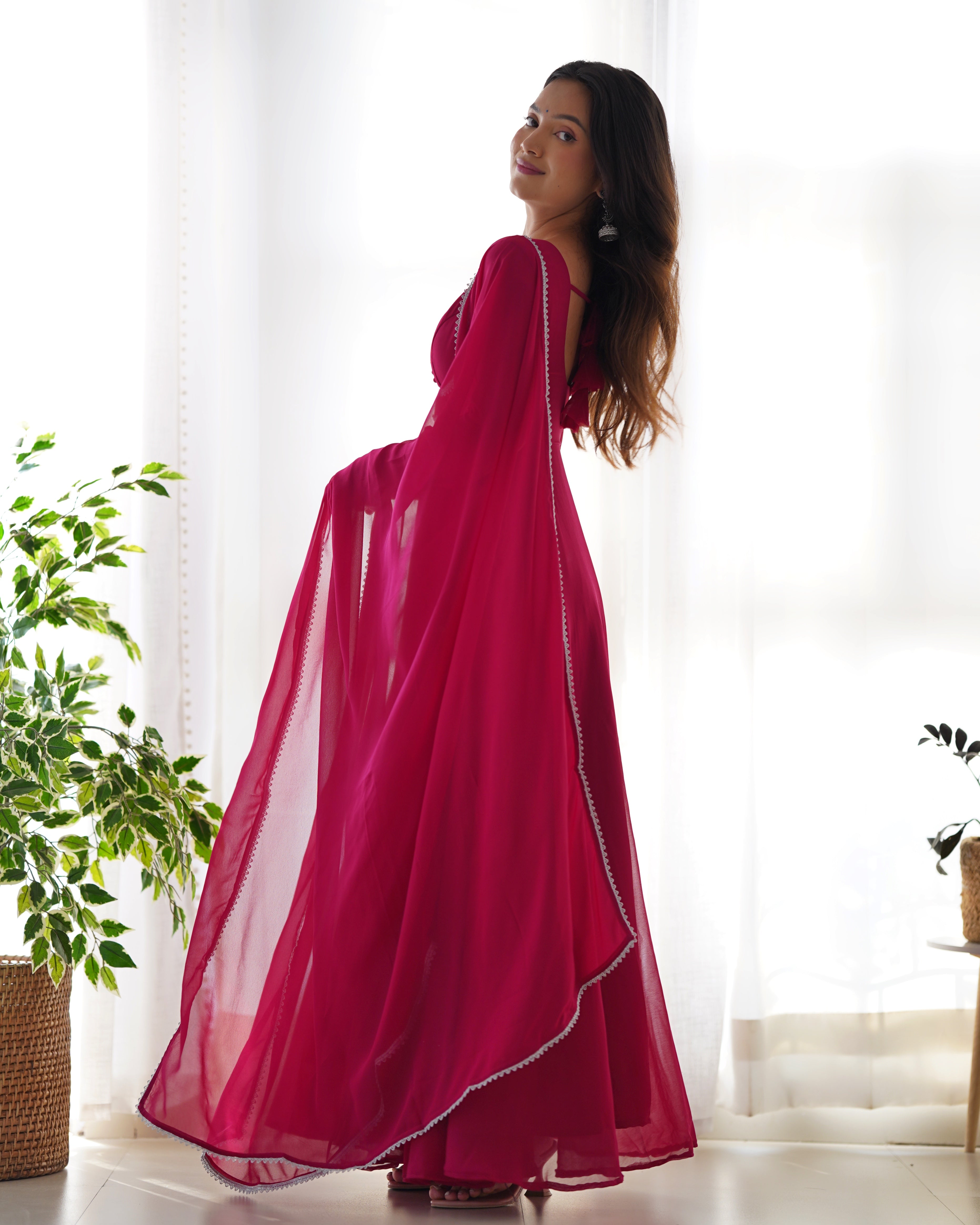 Hot Pink Georgette Anarkali Kurti With Pant Dupatta Set