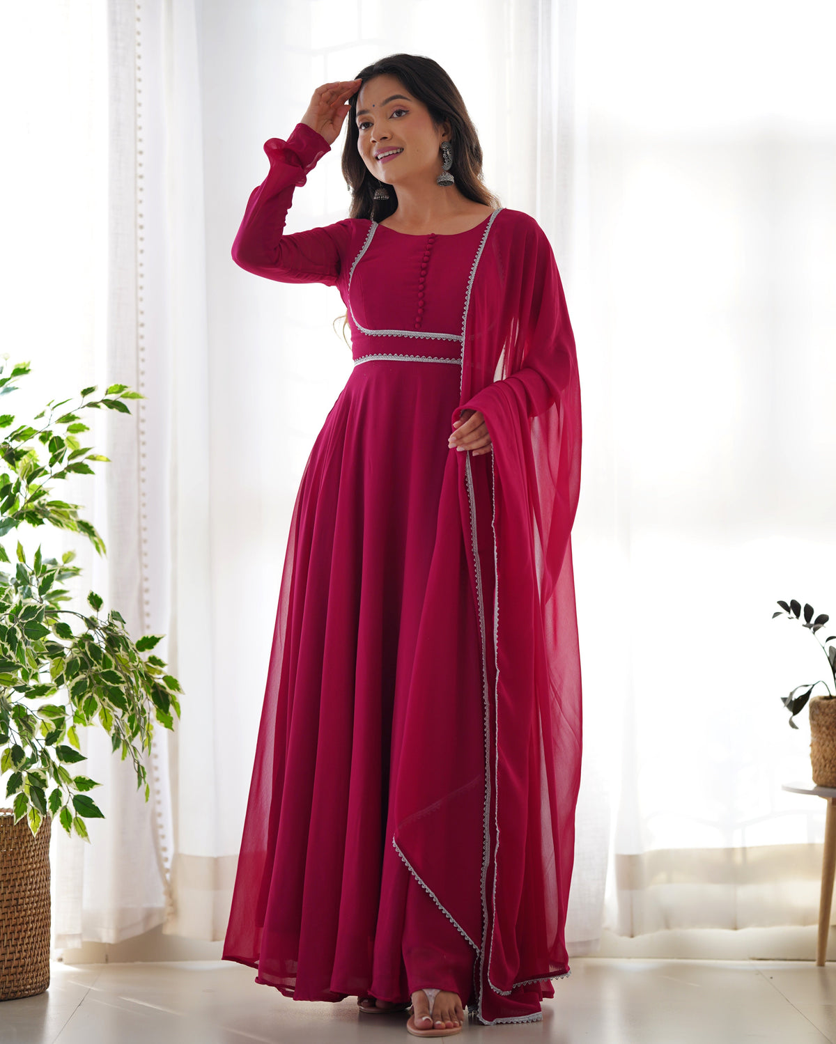 Hot Pink Georgette Anarkali Kurti With Pant Dupatta Set