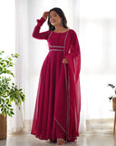 Hot Pink Georgette Anarkali Kurti With Pant Dupatta Set