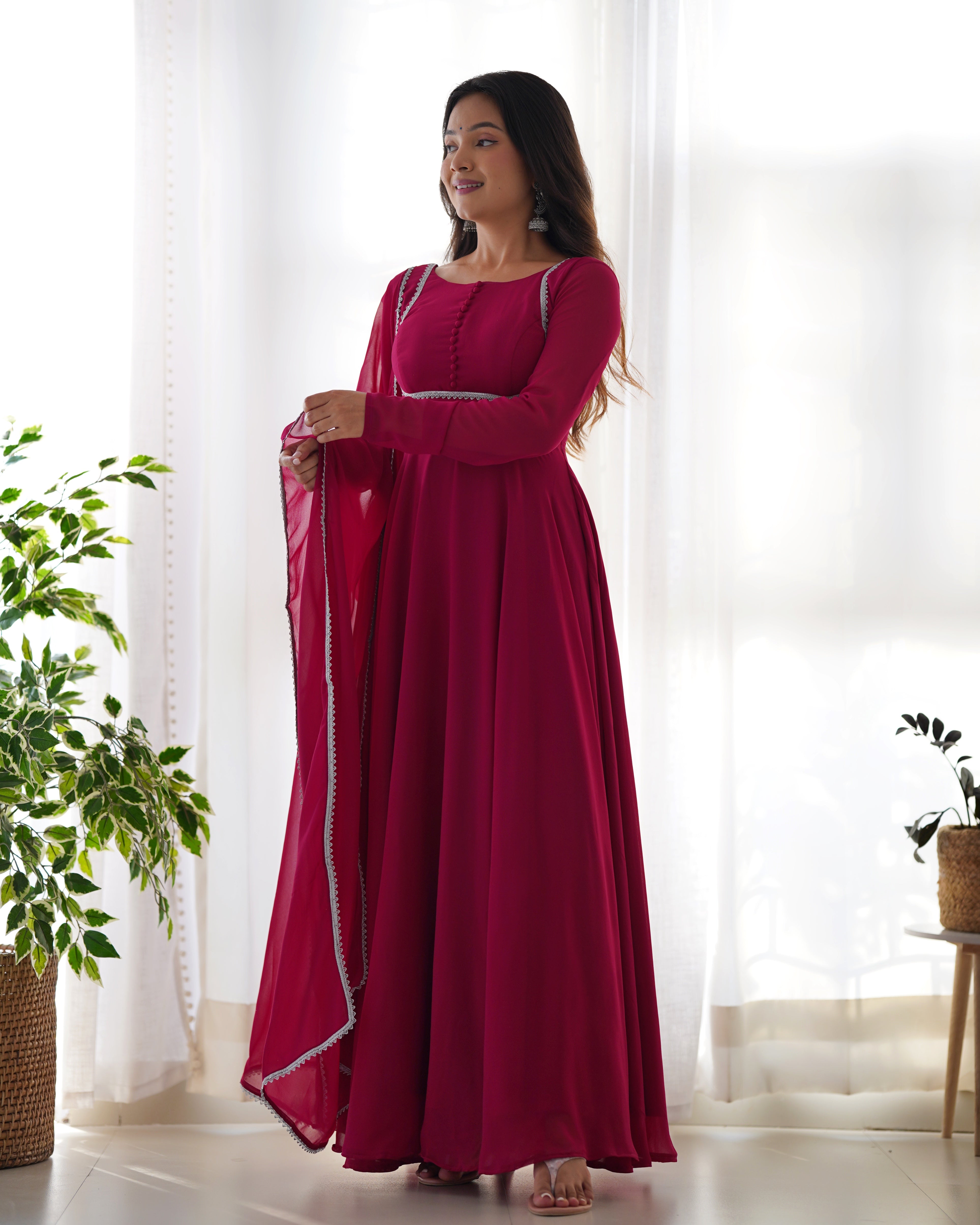 Hot Pink Georgette Anarkali Kurti With Pant Dupatta Set