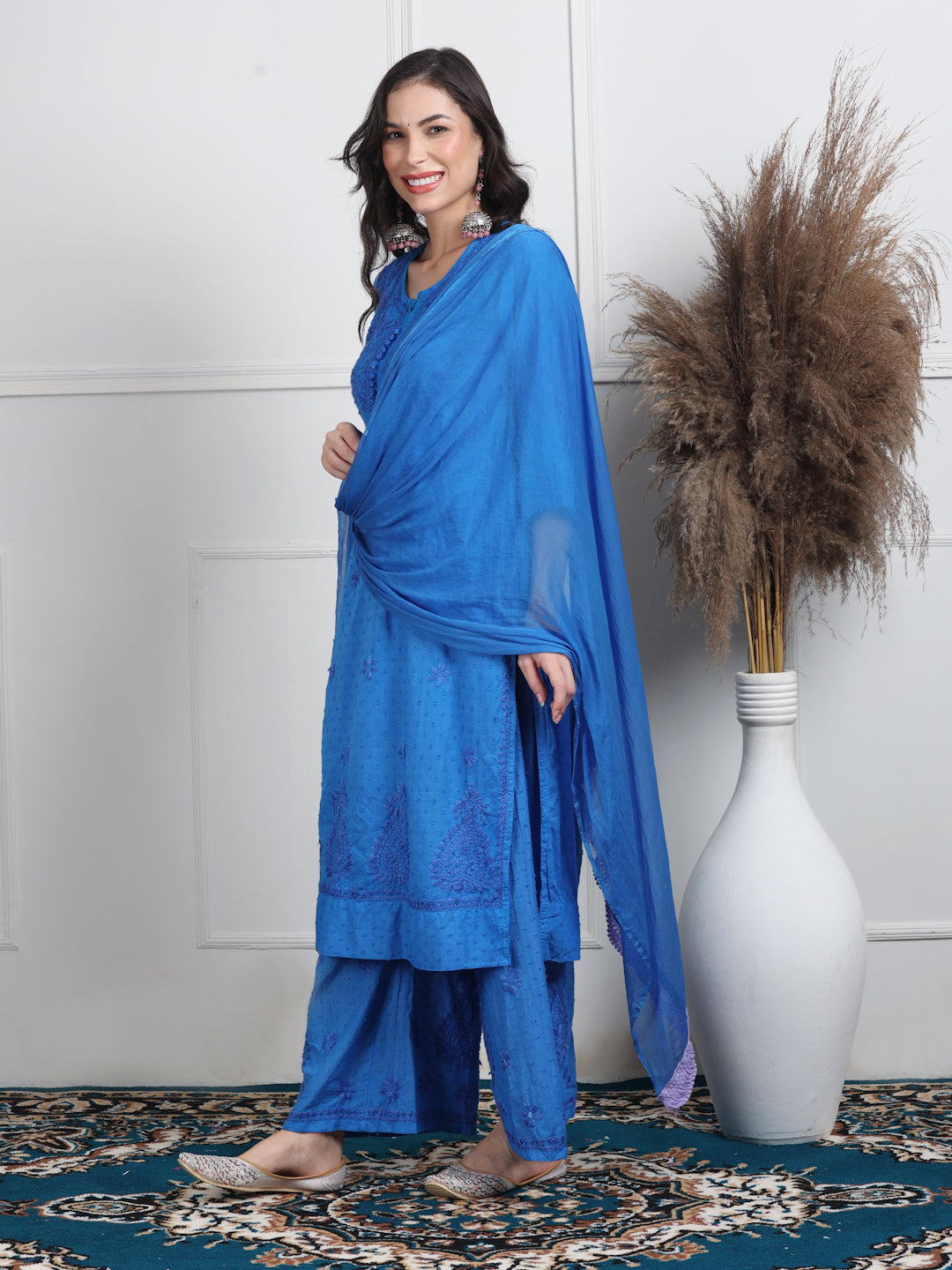 Women’s Dyed Lucknowi Chikankari Cotton Kurti, Palazzo & Dupatta Set