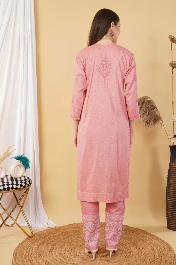 Dyed Cotton Chikankari Kurti & Lycra Pant Set, Pockets Both Side of the Pant