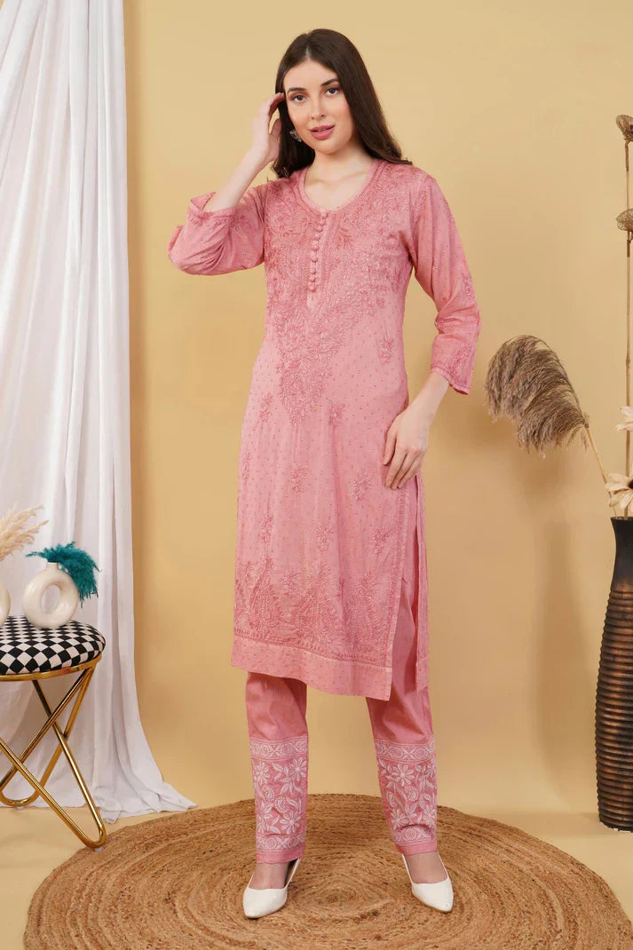 Dyed Cotton Chikankari Kurti & Lycra Pant Set, Pockets Both Side of the Pant