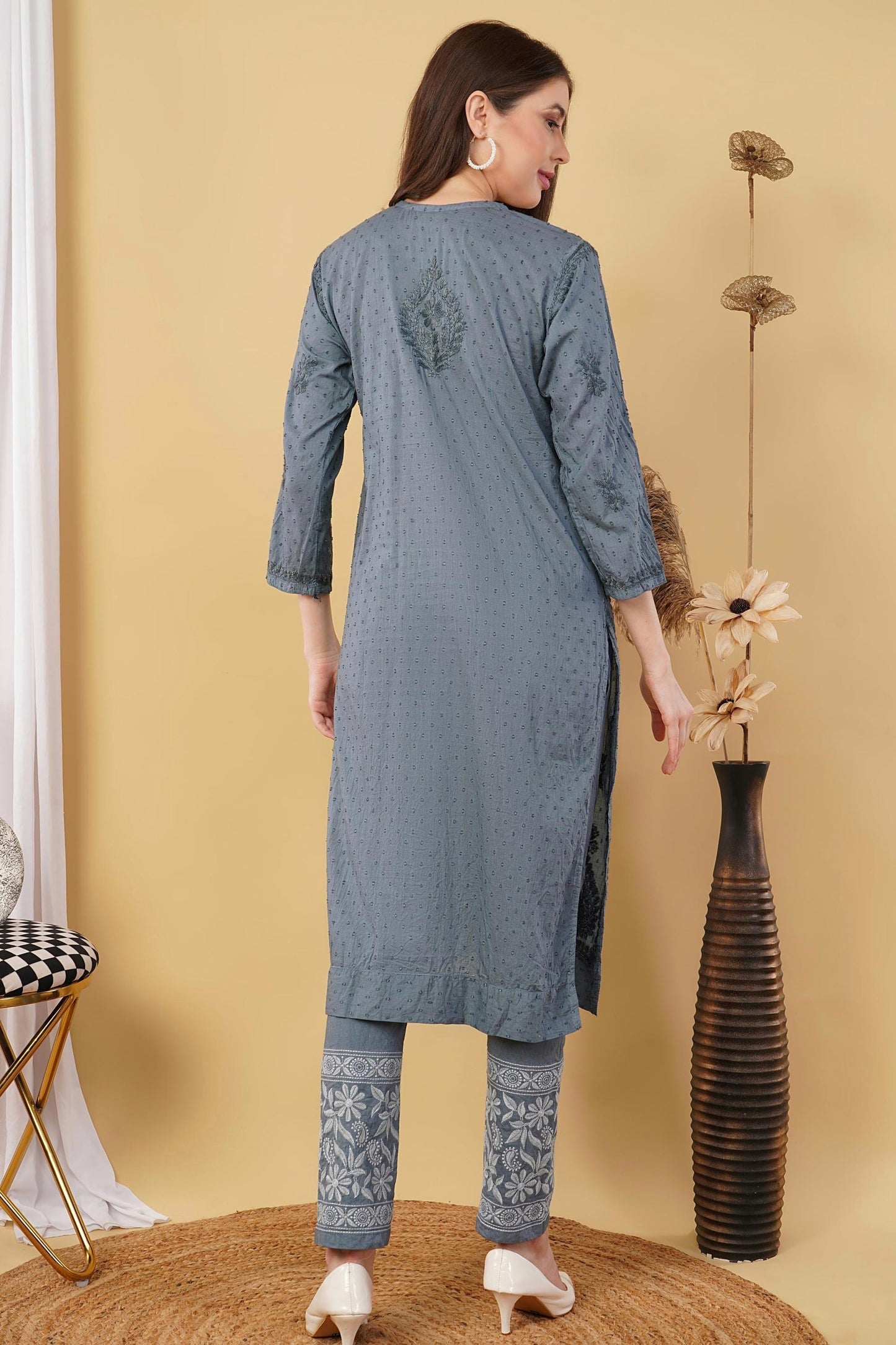 Dyed Cotton Chikankari Kurti & Lycra Pant Set, Pockets Both Side of the Pant