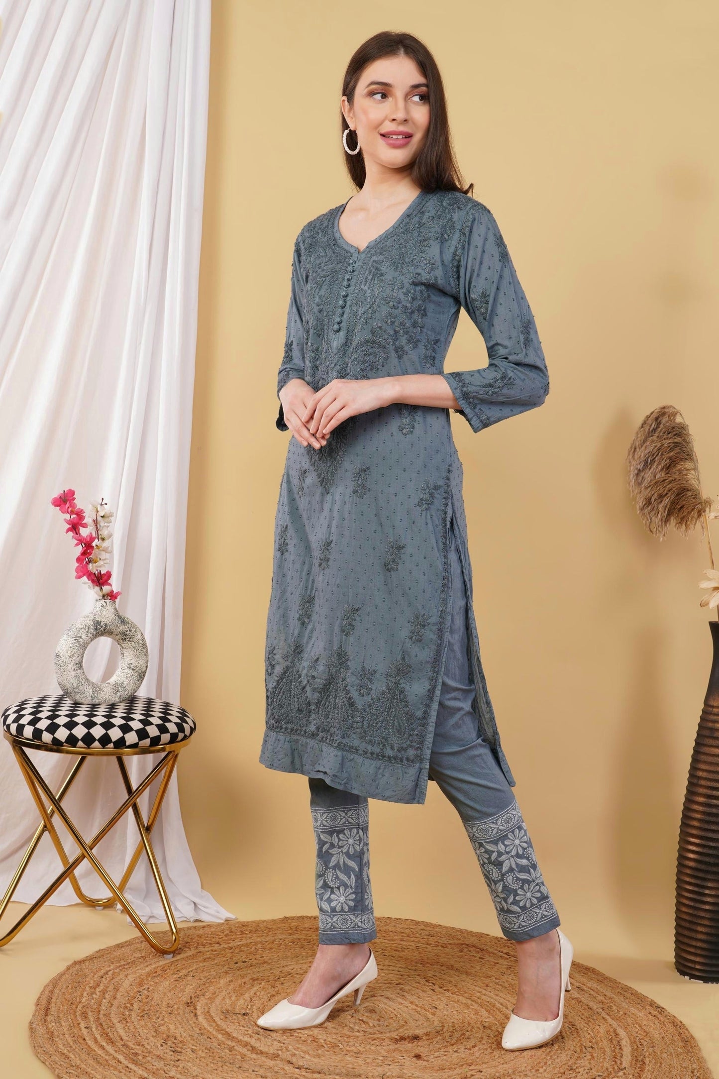 Dyed Cotton Chikankari Kurti & Lycra Pant Set, Pockets Both Side of the Pant