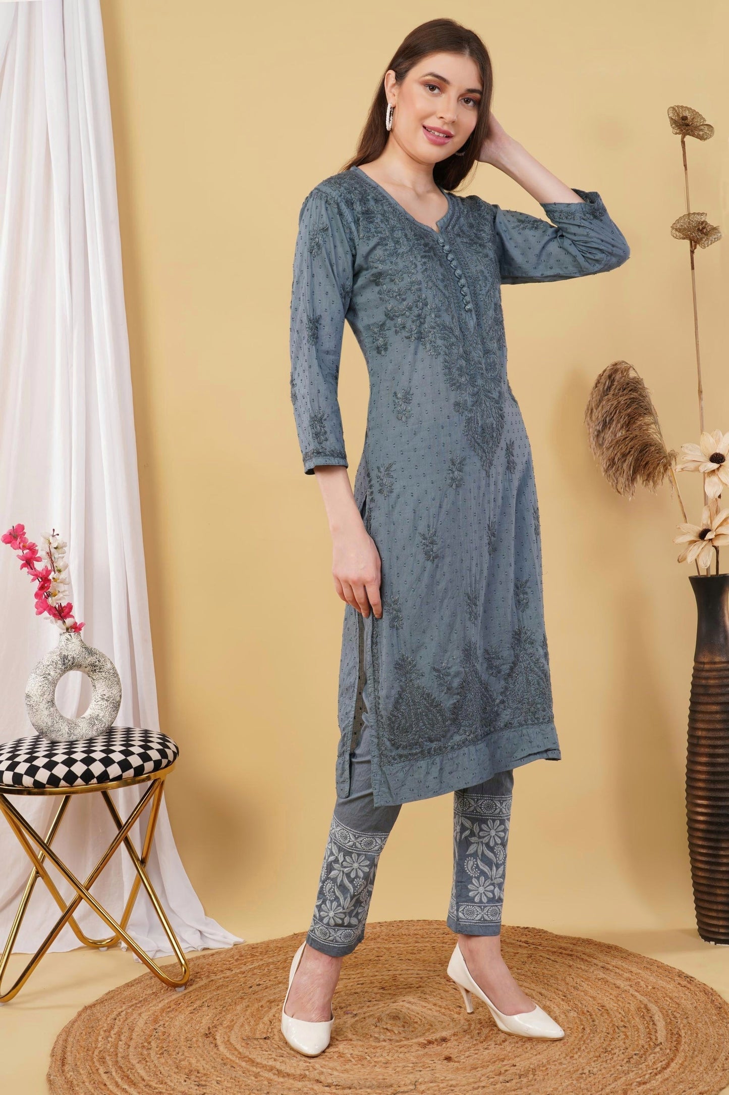 Dyed Cotton Chikankari Kurti & Lycra Pant Set, Pockets Both Side of the Pant