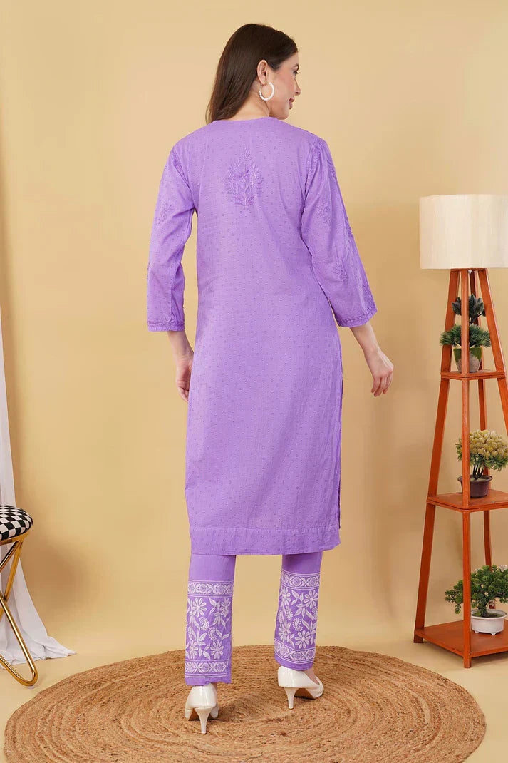 Dyed Cotton Chikankari Kurti & Lycra Pant Set, Pockets Both Side of the Pant