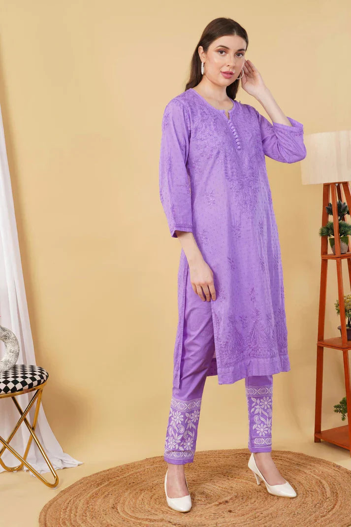 Dyed Cotton Chikankari Kurti & Lycra Pant Set, Pockets Both Side of the Pant