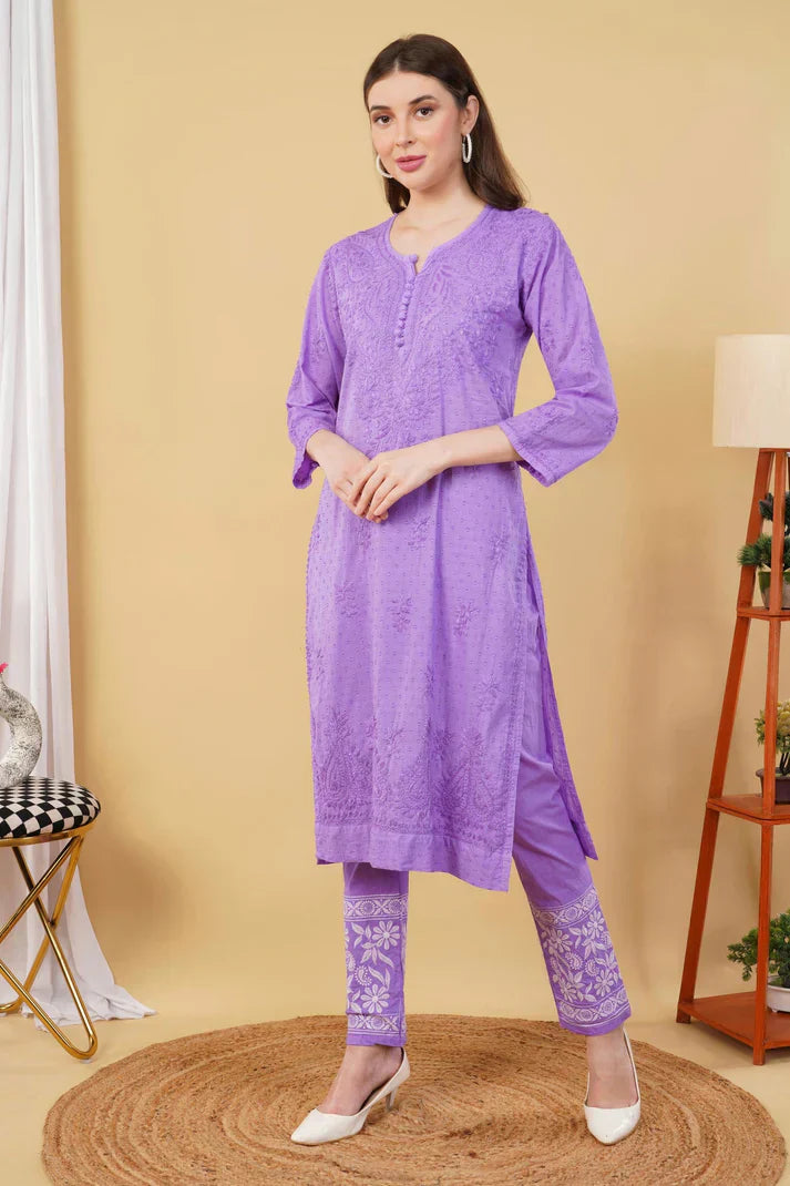 Dyed Cotton Chikankari Kurti & Lycra Pant Set, Pockets Both Side of the Pant