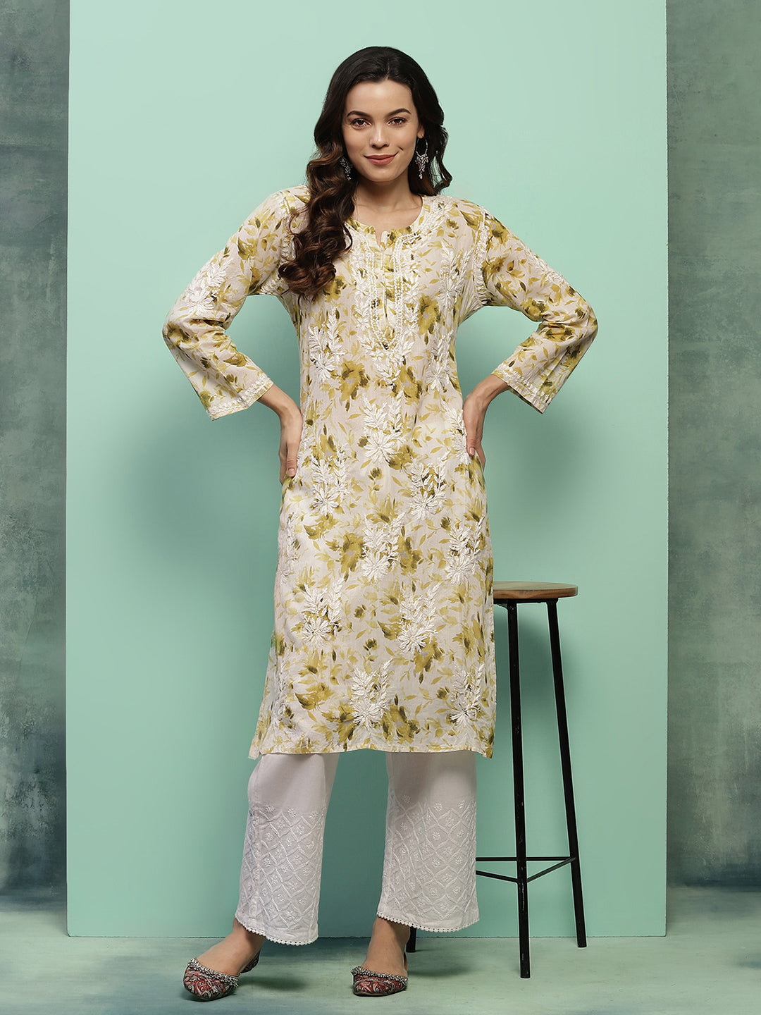 Women's Super Comfy Pure Mulmul Floral Print Lucknowi Chikankari Straight Long Kurti