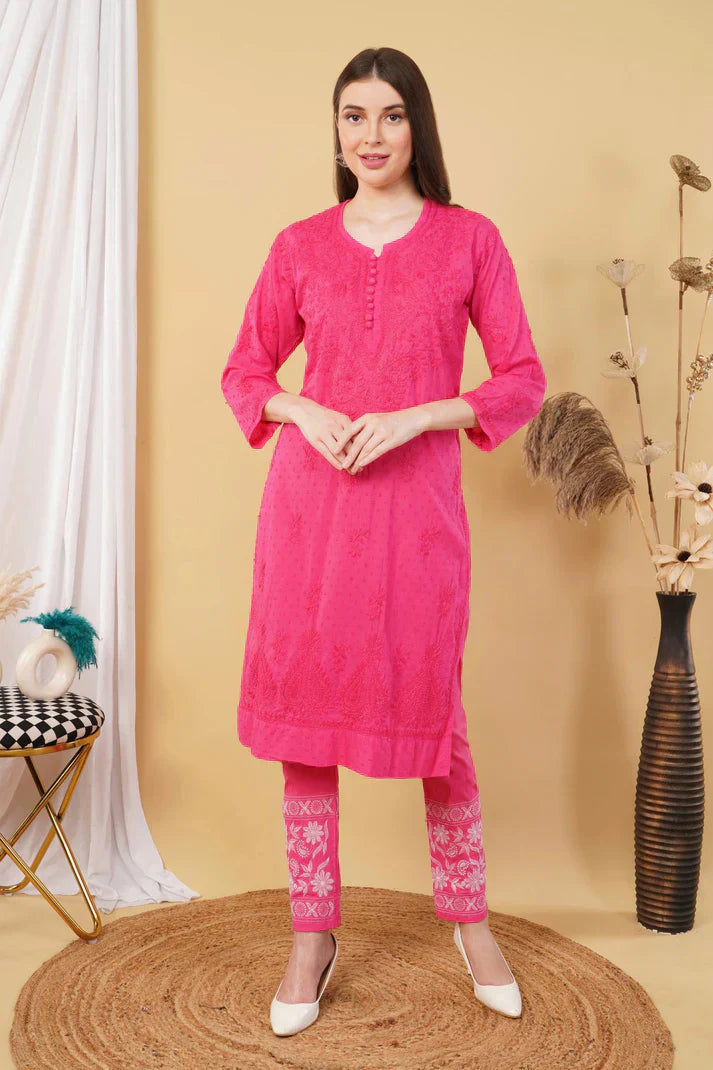 Dyed Cotton Chikankari Kurti & Lycra Pant Set, Pockets Both Side of the Pant