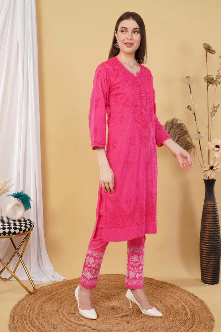 Dyed Cotton Chikankari Kurti & Lycra Pant Set, Pockets Both Side of the Pant