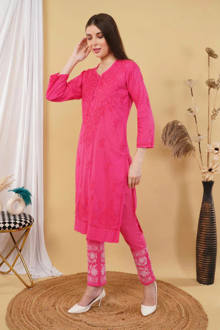 Dyed Cotton Chikankari Kurti & Lycra Pant Set, Pockets Both Side of the Pant