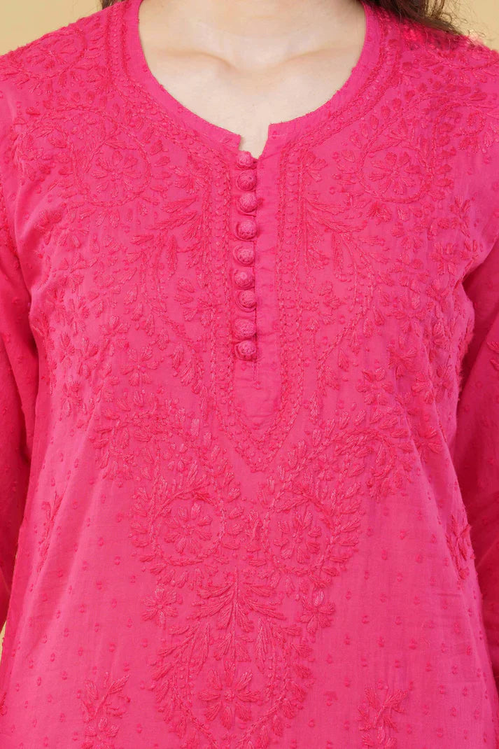 Dyed Cotton Chikankari Kurti & Lycra Pant Set, Pockets Both Side of the Pant