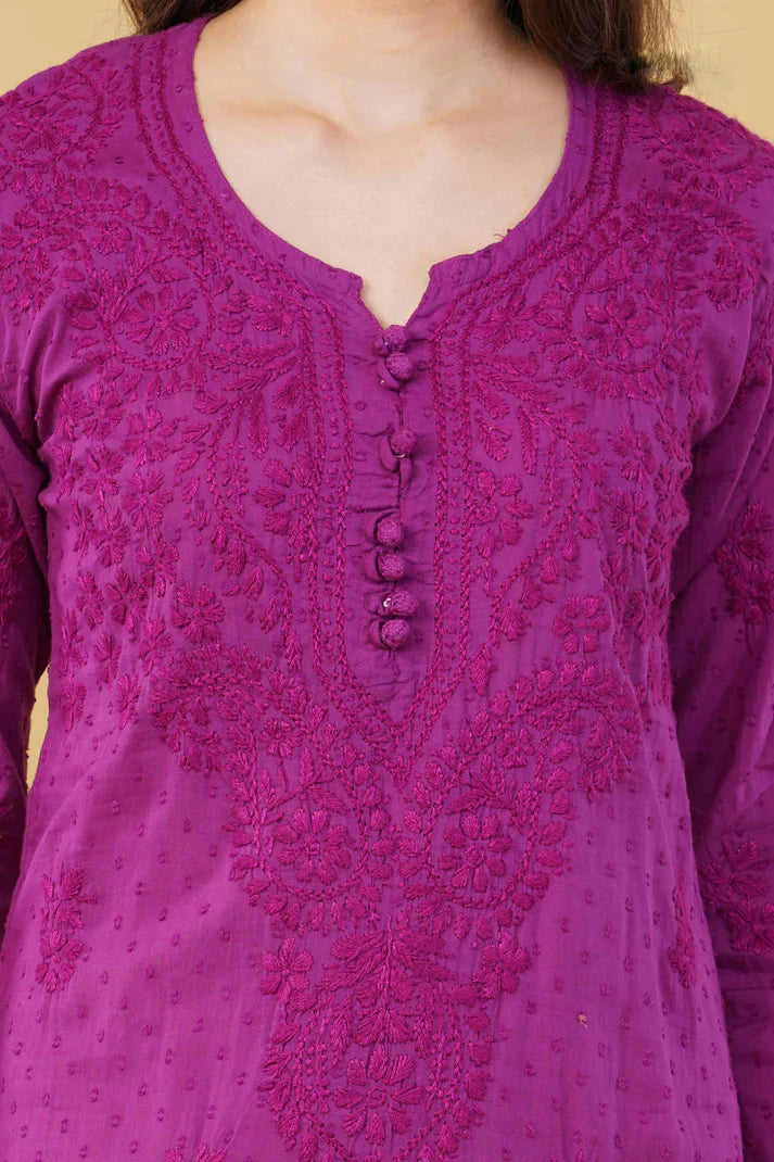 Dyed Cotton Chikankari Kurti & Lycra Pant Set, Pockets Both Side of the Pant