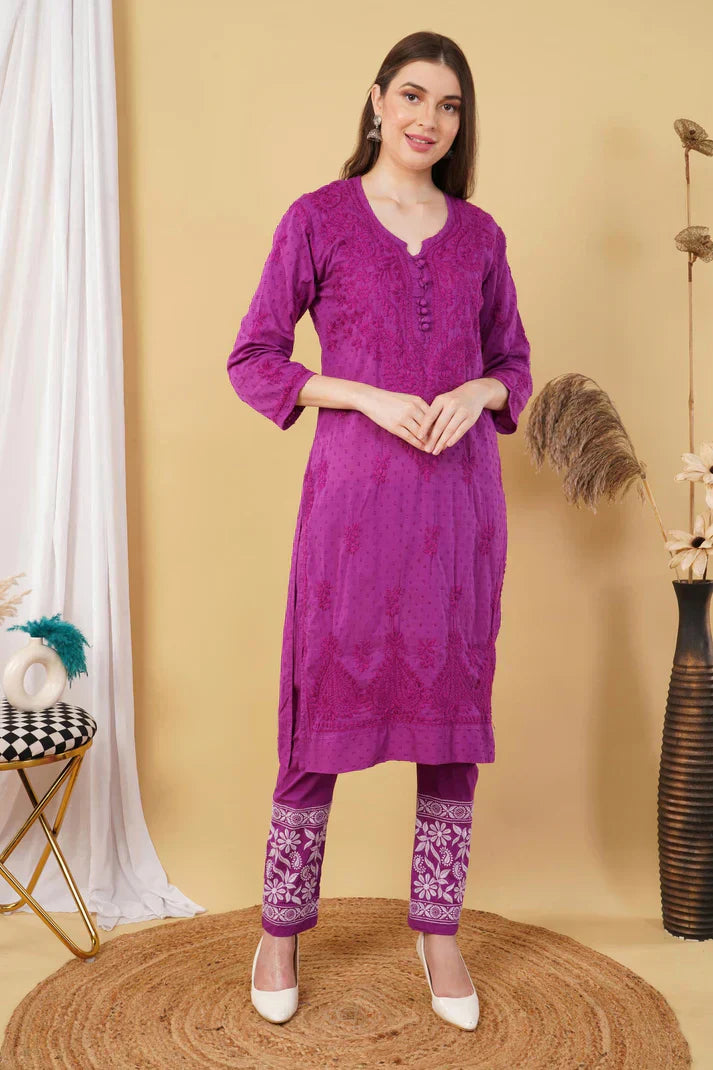 Dyed Cotton Chikankari Kurti & Lycra Pant Set, Pockets Both Side of the Pant