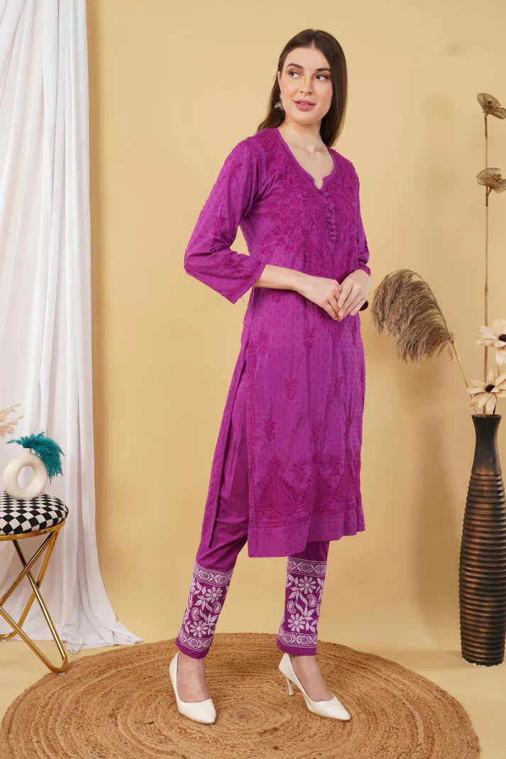 Dyed Cotton Chikankari Kurti & Lycra Pant Set, Pockets Both Side of the Pant