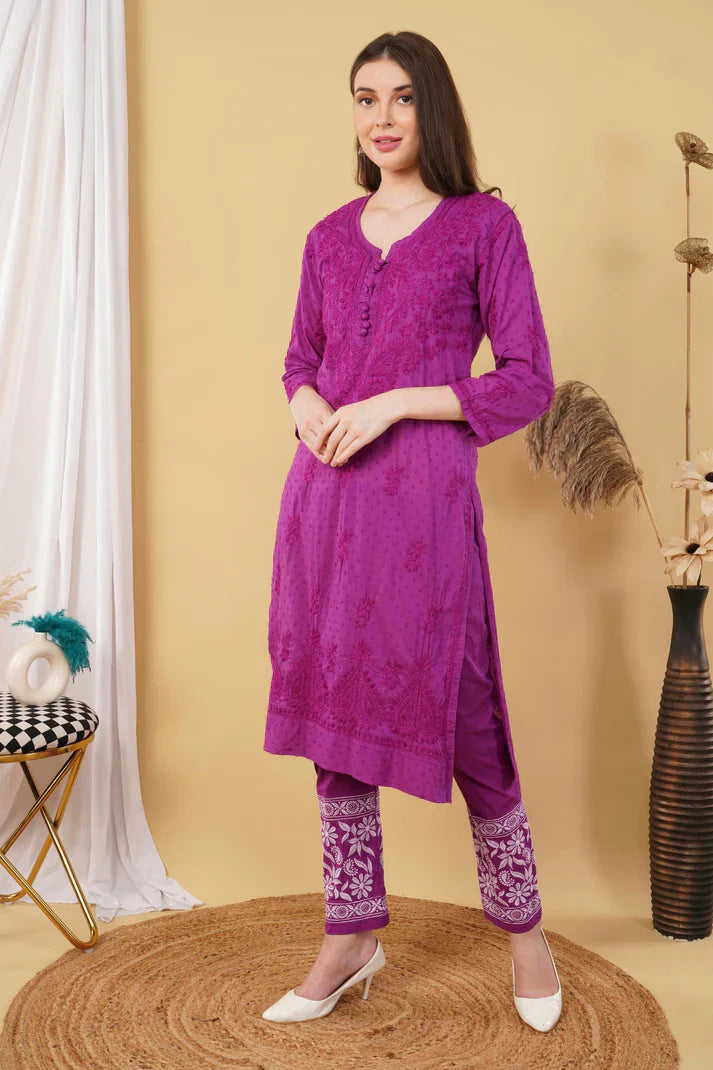 Dyed Cotton Chikankari Kurti & Lycra Pant Set, Pockets Both Side of the Pant