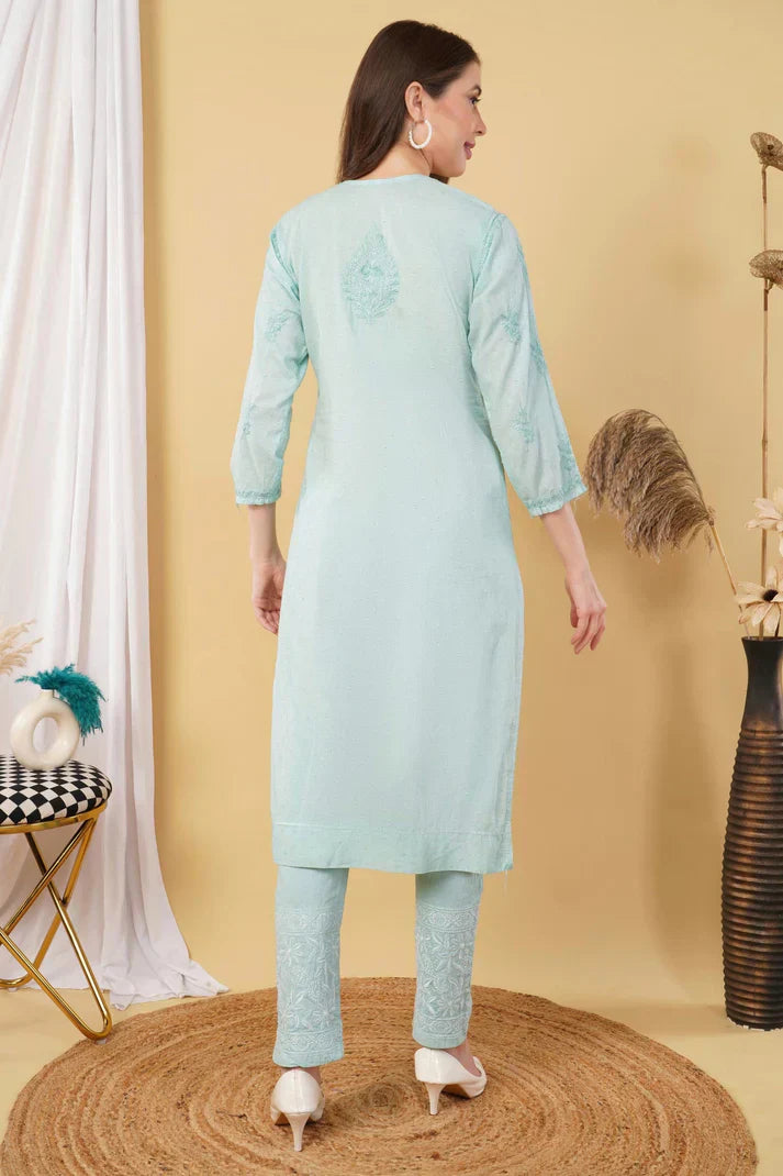 Dyed Cotton Chikankari Kurti & Lycra Pant Set, Pockets Both Side of the Pant
