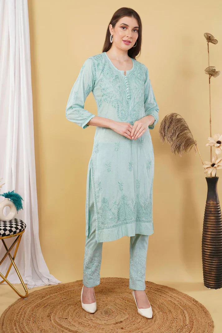 Dyed Cotton Chikankari Kurti & Lycra Pant Set, Pockets Both Side of the Pant