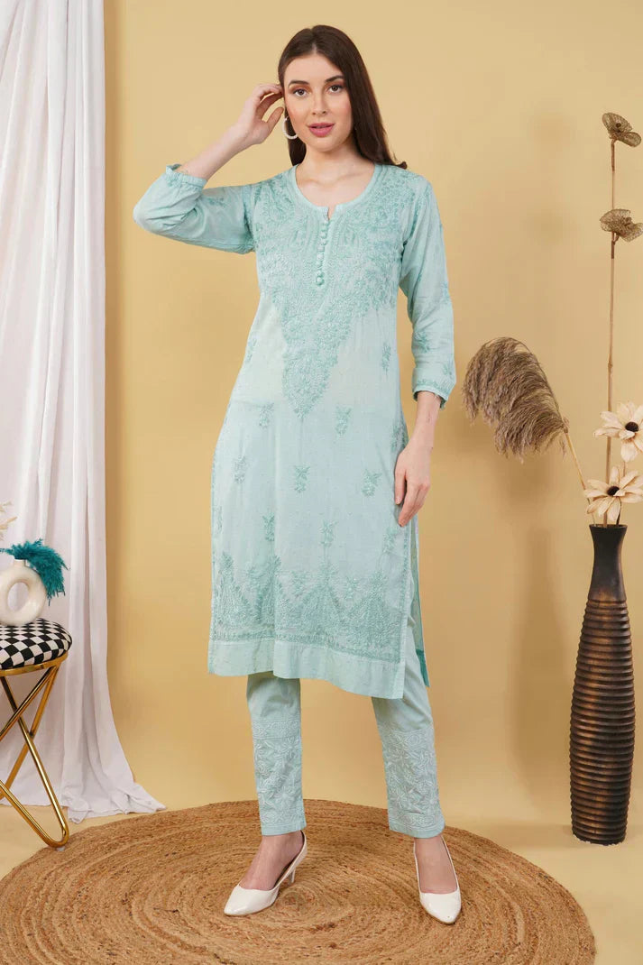 Dyed Cotton Chikankari Kurti & Lycra Pant Set, Pockets Both Side of the Pant