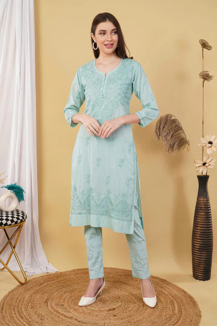 Dyed Cotton Chikankari Kurti & Lycra Pant Set, Pockets Both Side of the Pant