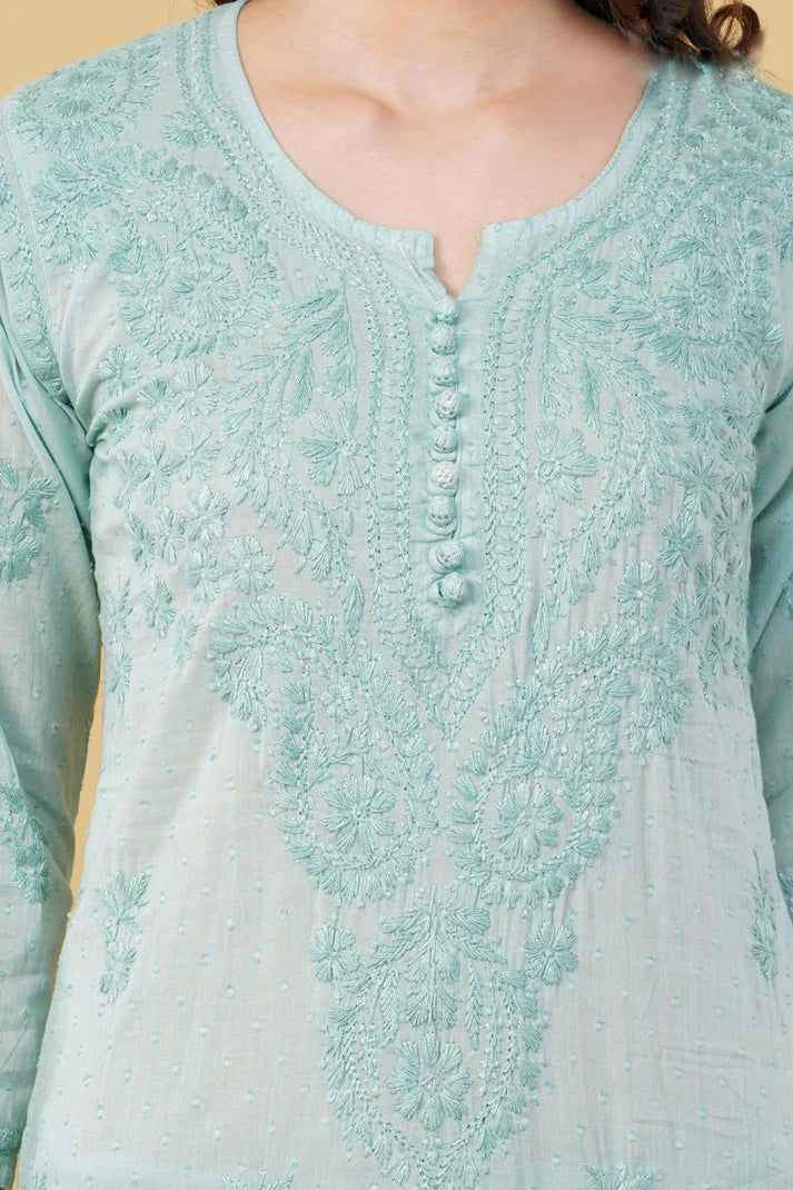 Dyed Cotton Chikankari Kurti & Lycra Pant Set, Pockets Both Side of the Pant