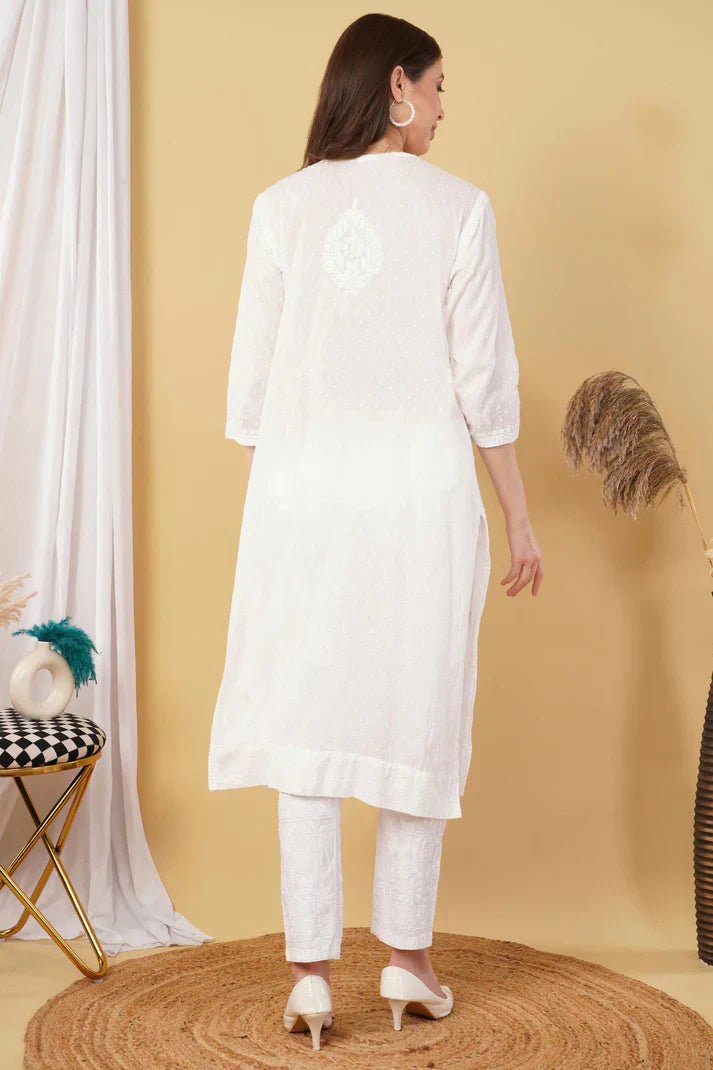 Dyed Cotton Chikankari Kurti & Lycra Pant Set, Pockets Both Side of the Pant