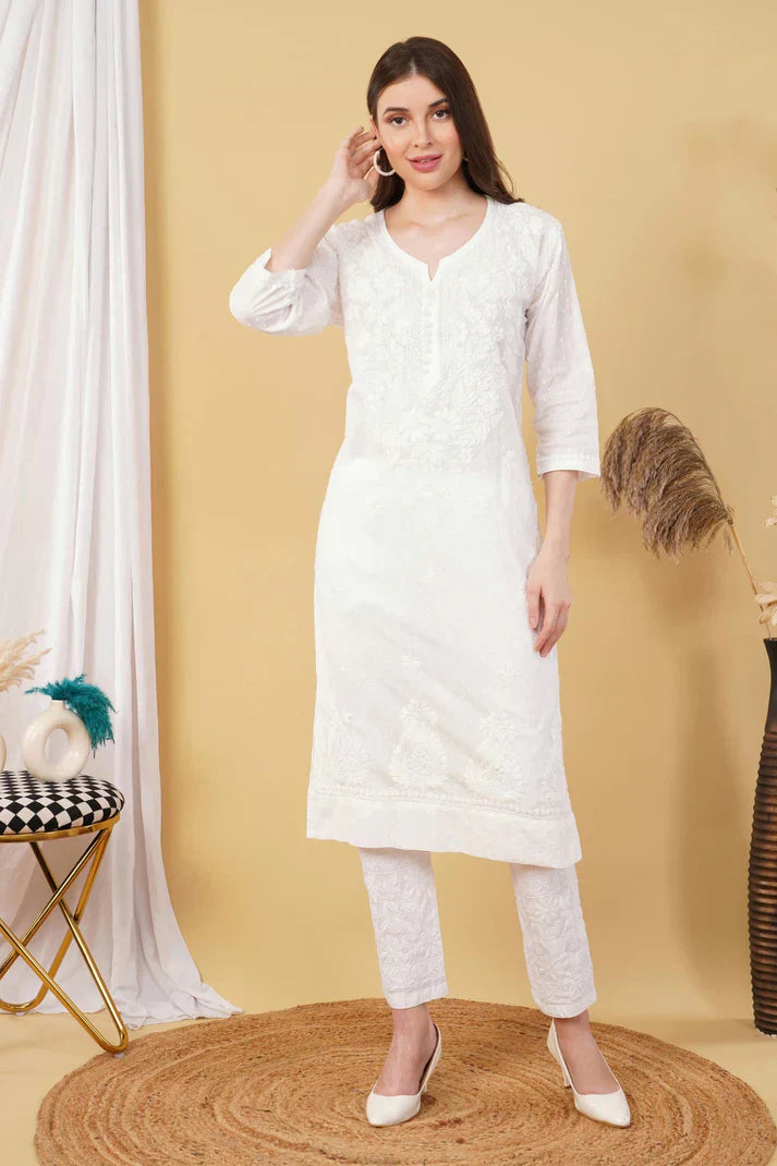 Dyed Cotton Chikankari Kurti & Lycra Pant Set, Pockets Both Side of the Pant
