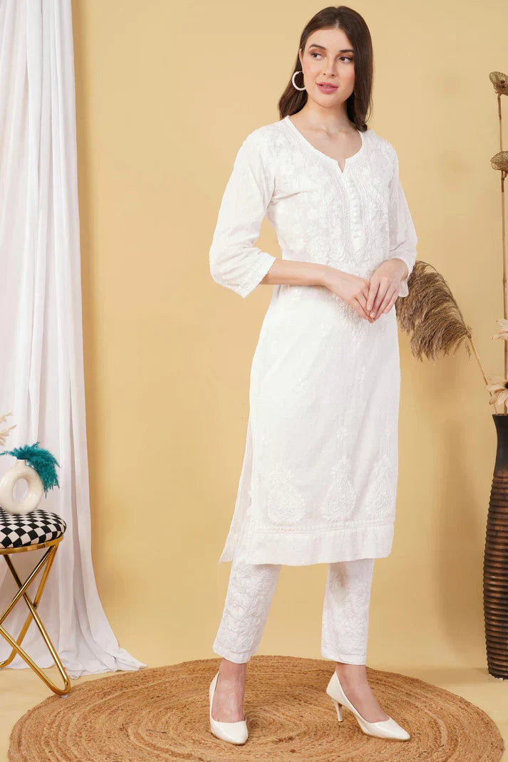 Dyed Cotton Chikankari Kurti & Lycra Pant Set, Pockets Both Side of the Pant