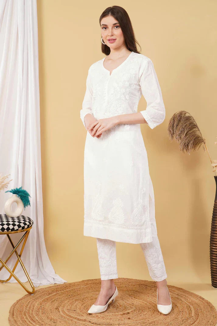 Dyed Cotton Chikankari Kurti & Lycra Pant Set, Pockets Both Side of the Pant