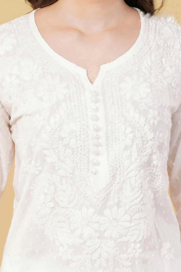 Dyed Cotton Chikankari Kurti & Lycra Pant Set, Pockets Both Side of the Pant