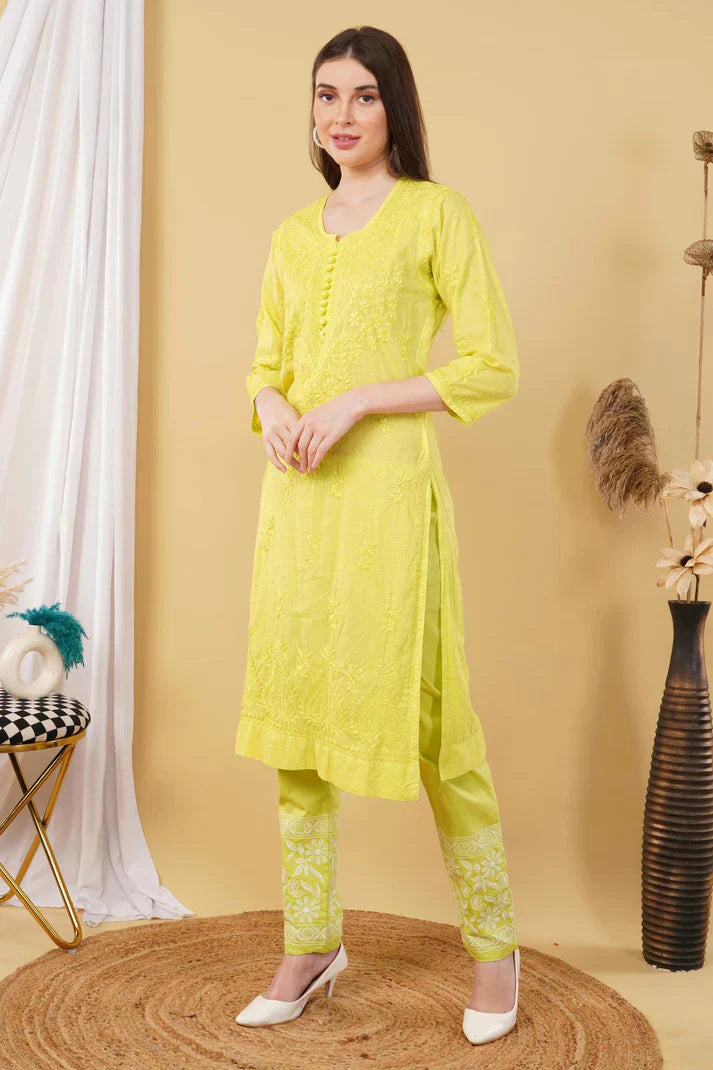 Dyed Cotton Chikankari Kurti & Lycra Pant Set, Pockets Both Side of the Pant