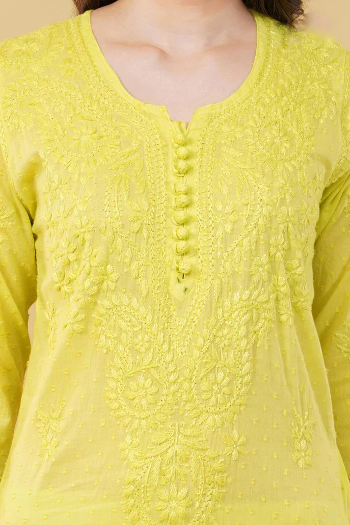 Dyed Cotton Chikankari Kurti & Lycra Pant Set, Pockets Both Side of the Pant