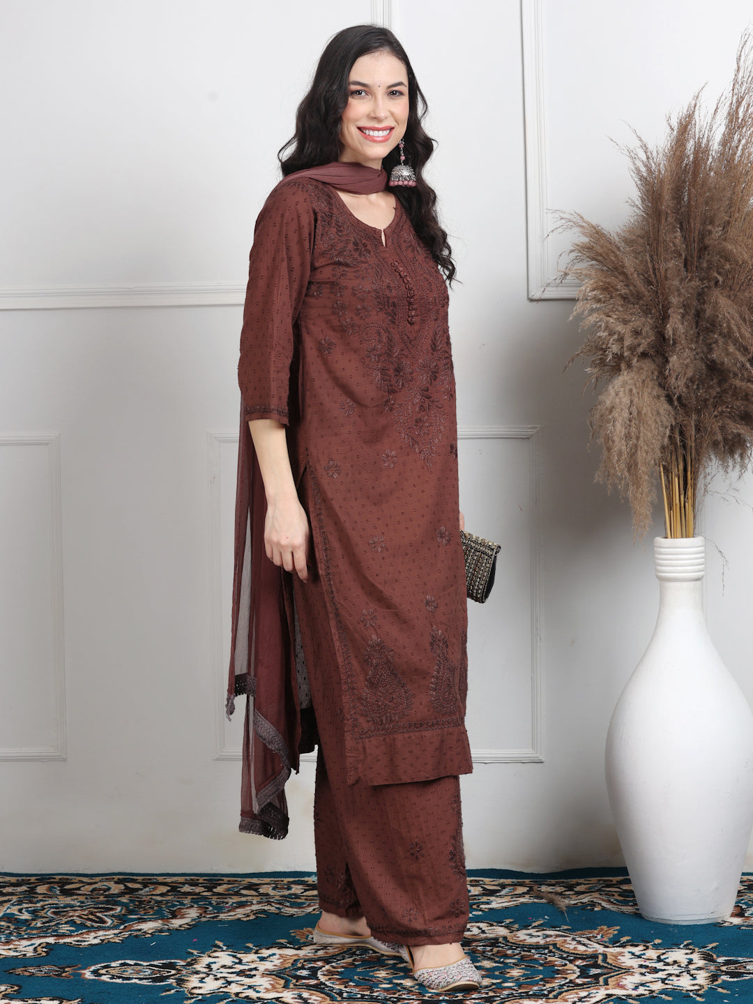 Women’s Dyed Lucknowi Chikankari Cotton Kurti, Palazzo & Dupatta Set