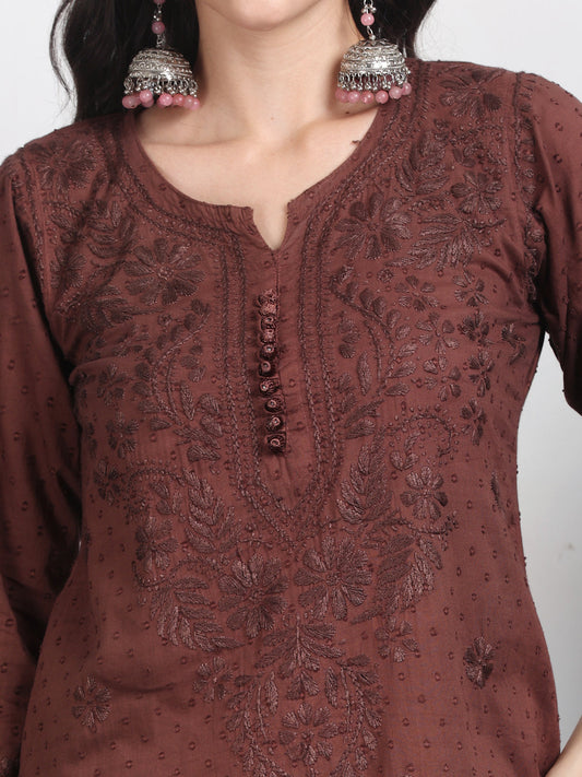 Women’s Dyed Lucknowi Chikankari Cotton Kurti, Palazzo & Dupatta Set