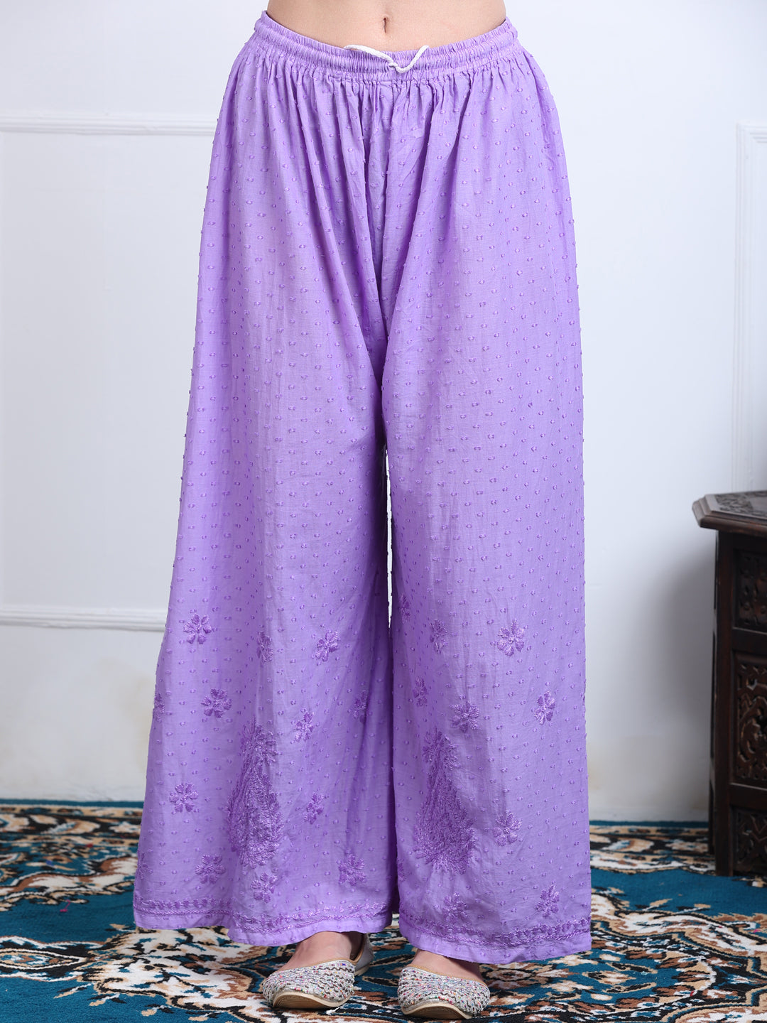 Women’s Dyed Lucknowi Chikankari Cotton Kurti, Palazzo & Dupatta Set