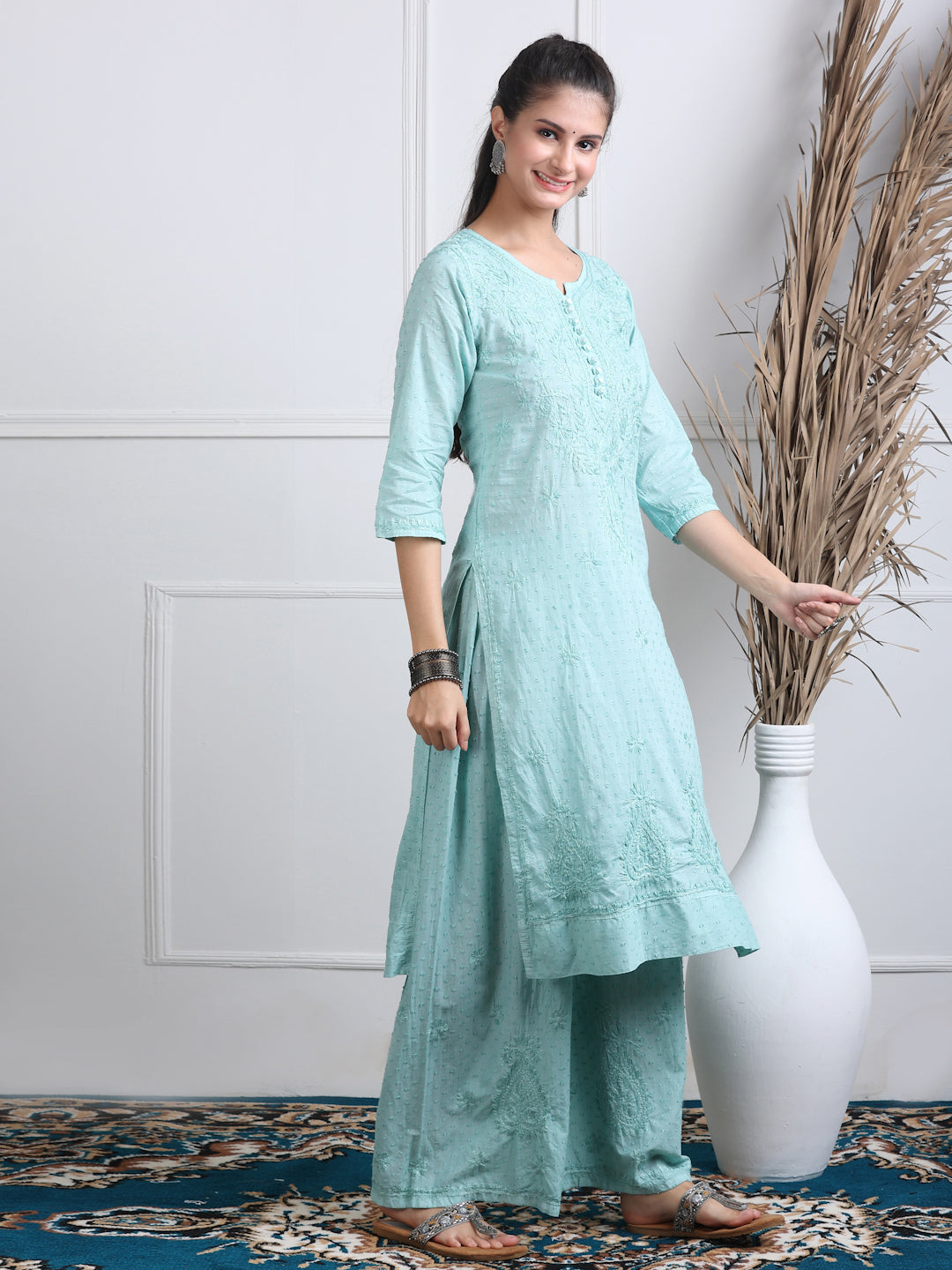 Women’s Dyed Lucknowi Chikankari Cotton Kurti, Palazzo & Dupatta Set
