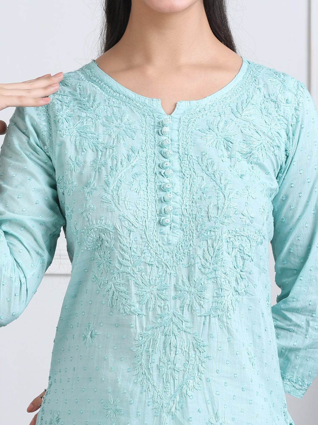 Women’s Dyed Lucknowi Chikankari Cotton Kurti, Palazzo & Dupatta Set