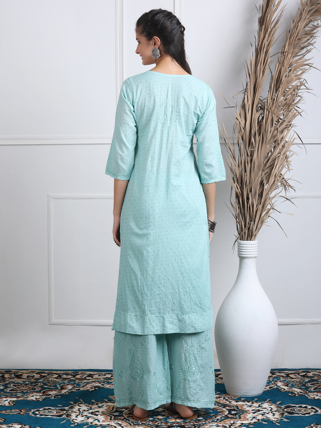 Women’s Dyed Lucknowi Chikankari Cotton Kurti, Palazzo & Dupatta Set