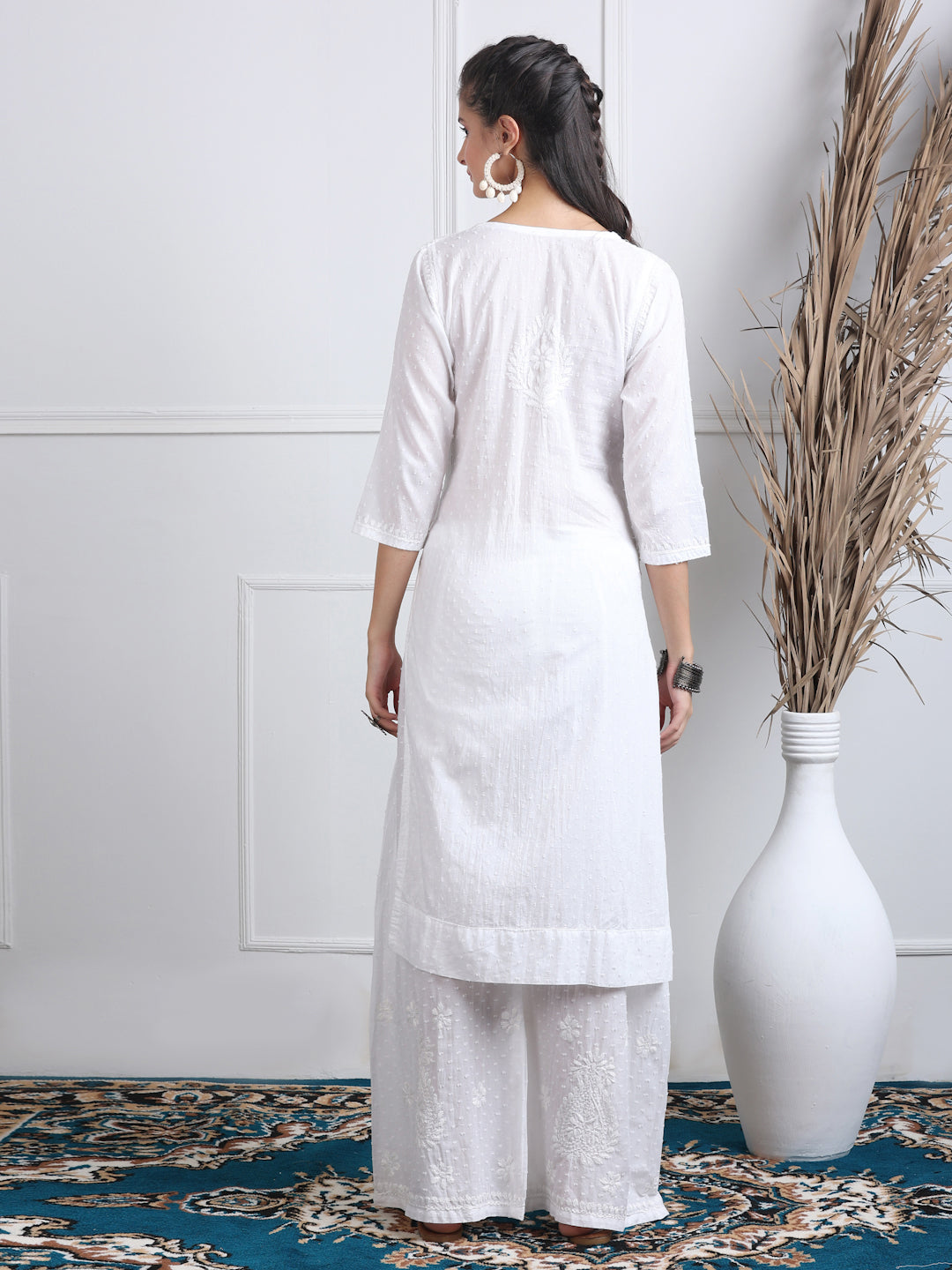 Women’s Dyed Lucknowi Chikankari Cotton Kurti, Palazzo & Dupatta Set