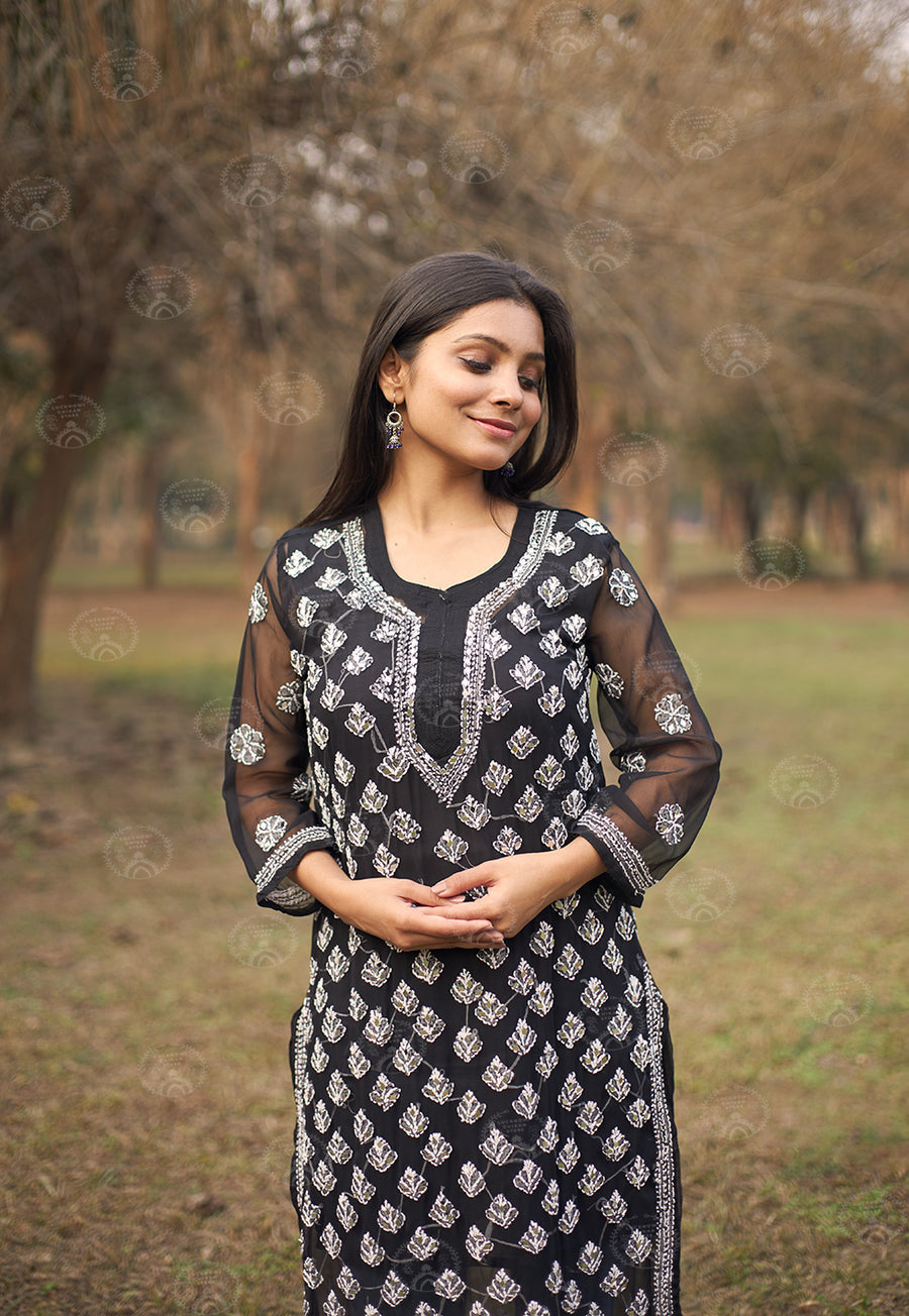 Georgette Chikankari Straight Kurti With Real Pasted Mirror Work & Matching Cotton Inner