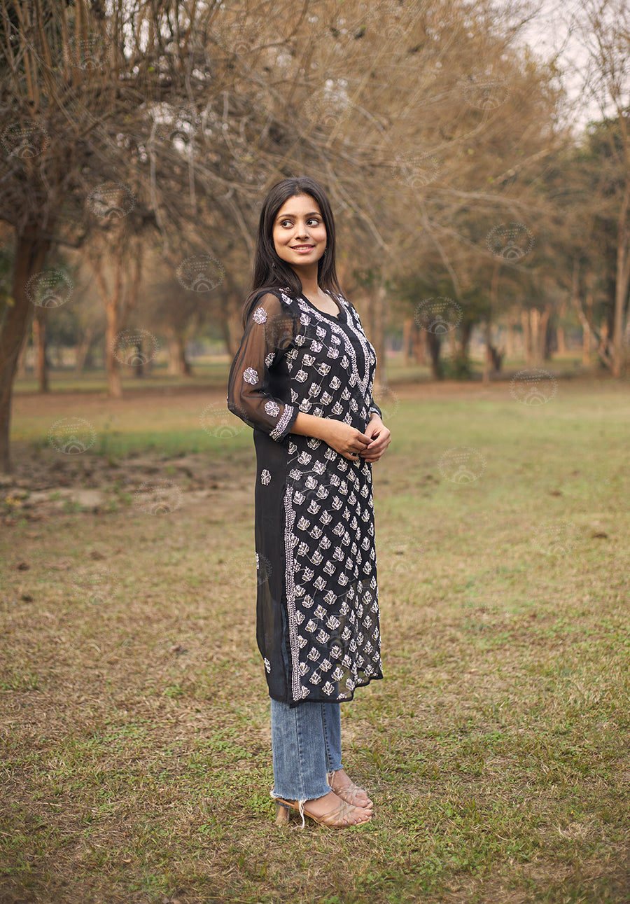 Georgette Chikankari Straight Kurti With Real Pasted Mirror Work & Matching Cotton Inner