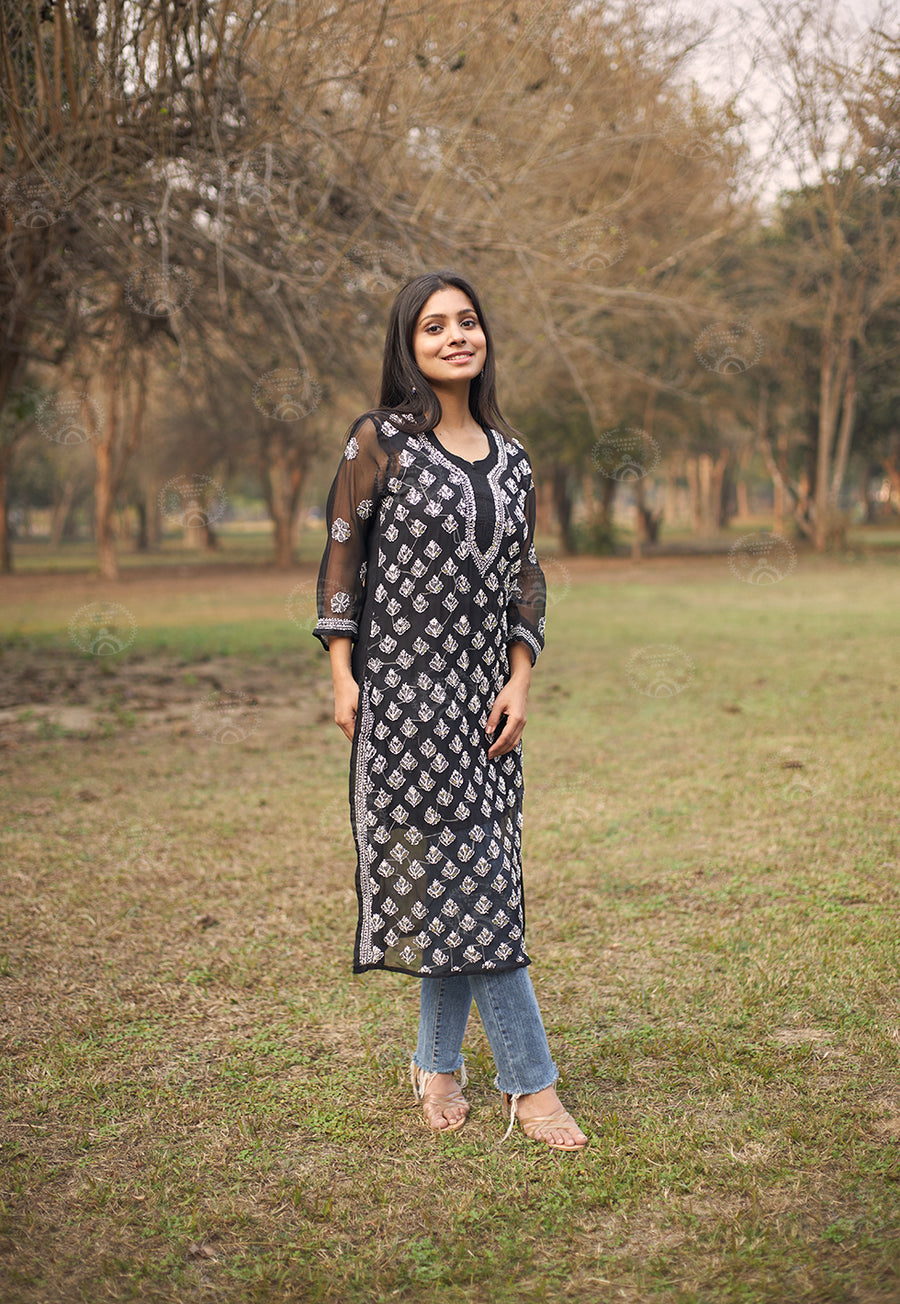 Georgette Chikankari Straight Kurti With Real Pasted Mirror Work & Matching Cotton Inner