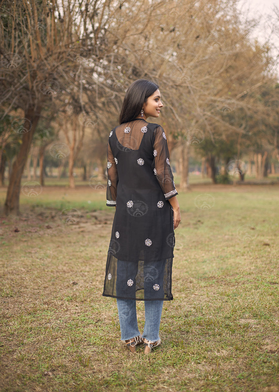 Georgette Chikankari Straight Kurti With Real Pasted Mirror Work & Matching Cotton Inner