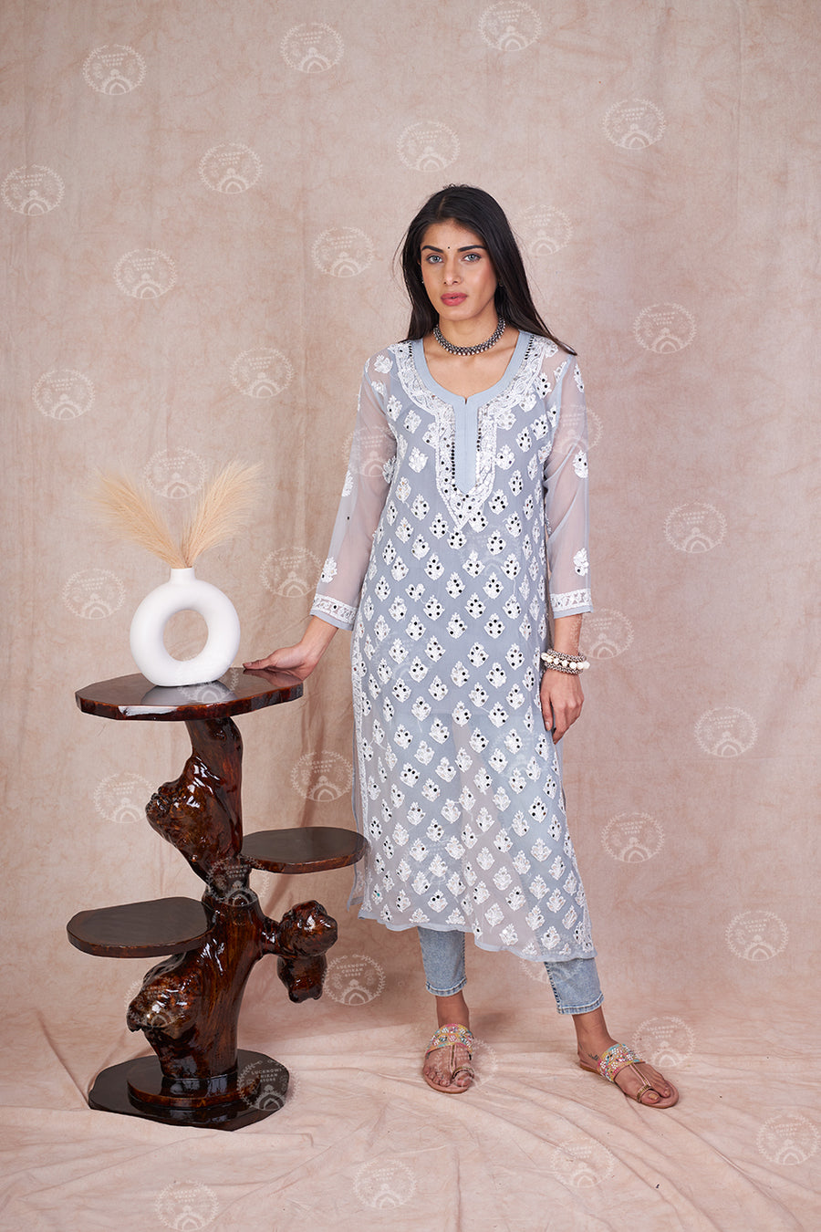Georgette Chikankari Straight Kurti With Real Pasted Mirror Work & Matching Cotton Inner