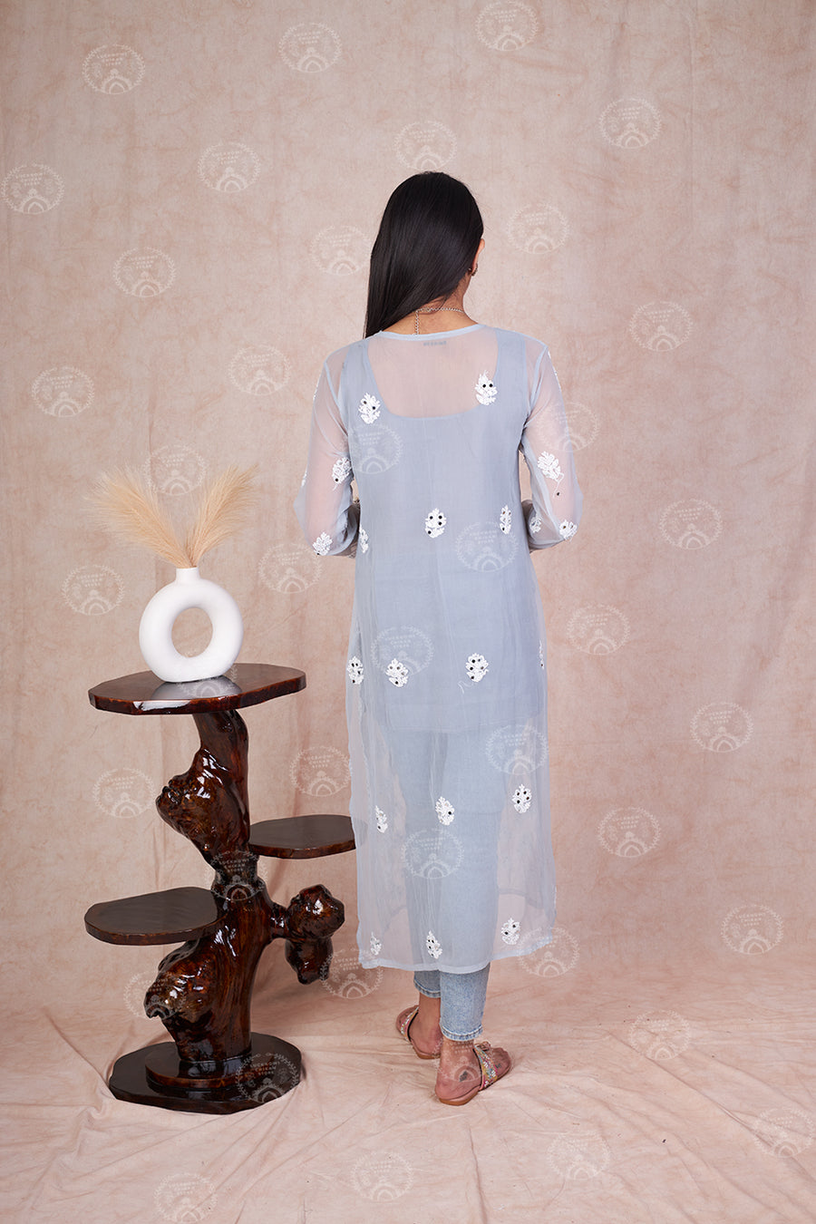 Georgette Chikankari Straight Kurti With Real Pasted Mirror Work & Matching Cotton Inner