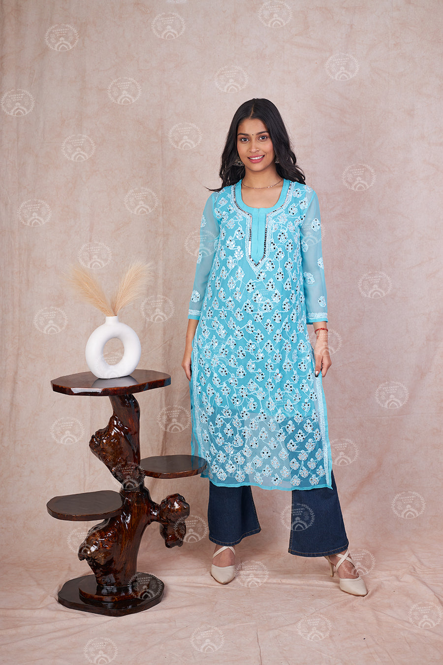 Georgette Chikankari Straight Kurti With Real Pasted Mirror Work & Matching Cotton Inner