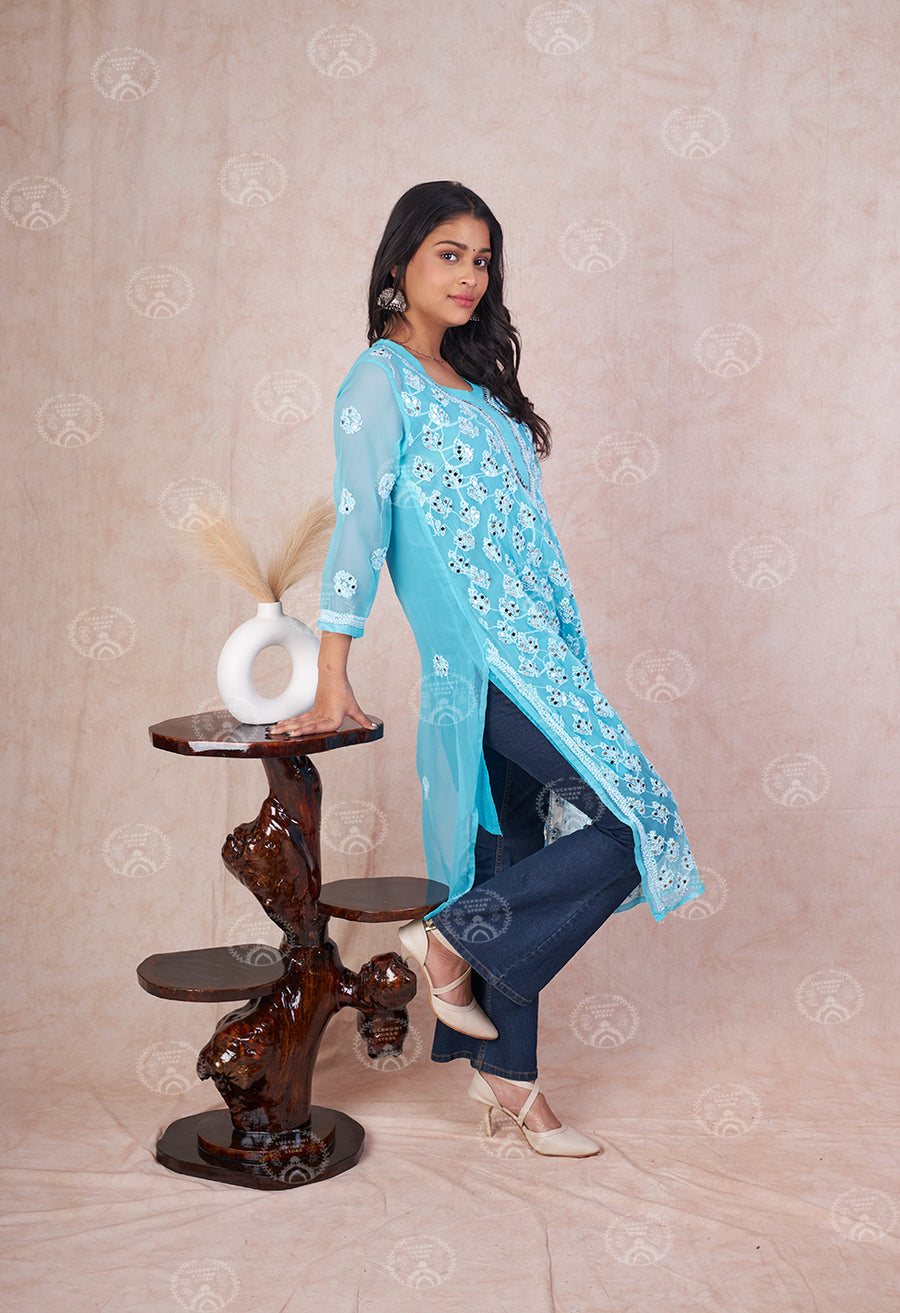 Georgette Chikankari Straight Kurti With Real Pasted Mirror Work & Matching Cotton Inner