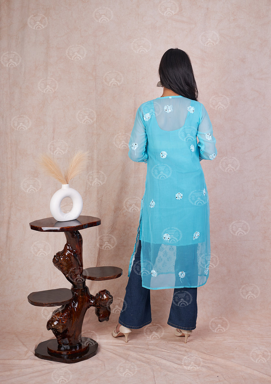 Georgette Chikankari Straight Kurti With Real Pasted Mirror Work & Matching Cotton Inner